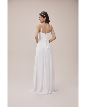 Fine lace spaghetti strap wedding dress with bow details TB1383