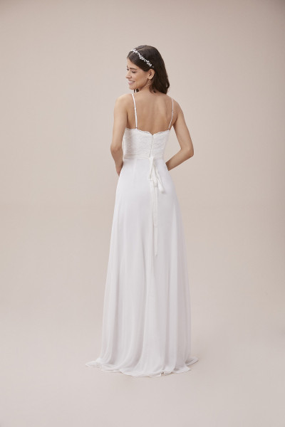 Fine lace spaghetti strap wedding dress with bow details TB1383
