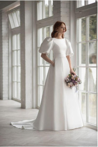 White wedding dress with closed back, long balloon sleeves, and long train TB1403