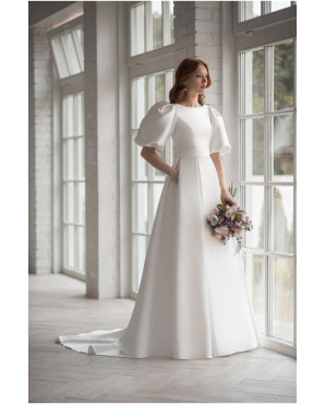 White wedding dress with closed back, long balloon sleeves, and long train TB1403