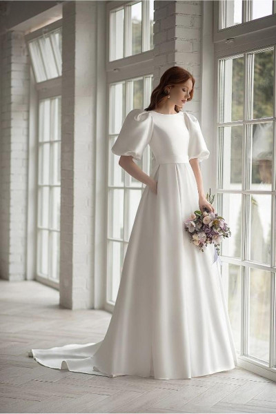 White wedding dress with closed back, long balloon sleeves, and long train TB1403