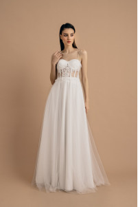 White transparent dress with crystal-embellished lace details and sequins TB1524