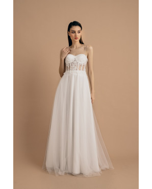 White transparent dress with crystal-embellished lace details and sequins TB1524