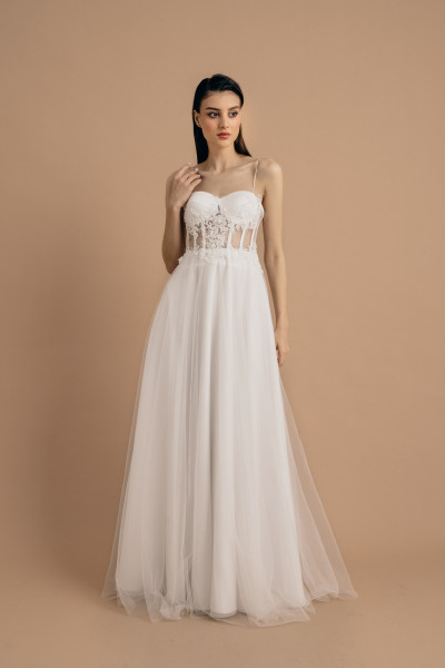 White transparent dress with crystal-embellished lace details and sequins TB1524 White transparent dress with crystal-embellished lace details and sequins TB1524