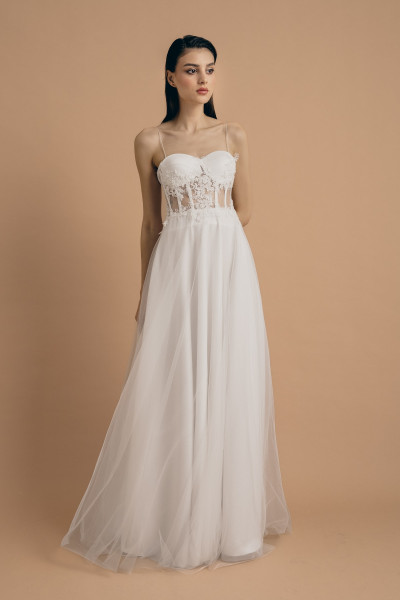 White transparent dress with crystal-embellished lace details and sequins TB1524
