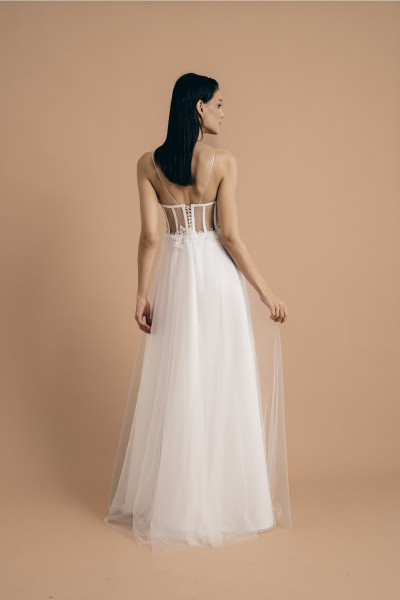 White transparent dress with crystal-embellished lace details and sequins TB1524