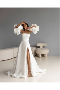White balloon sleeve detail long wedding dress TB1552