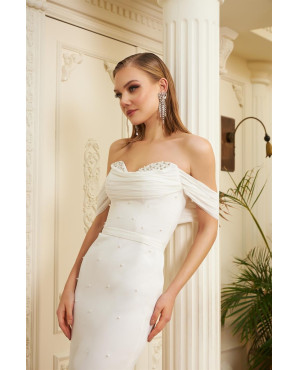 Ecru crepe pearl-embellished midi prom dress TB1497