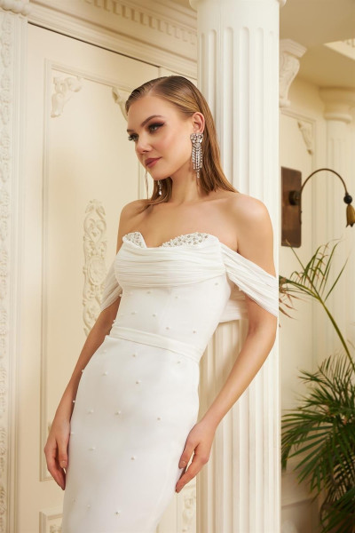 Ecru crepe pearl-embellished midi prom dress TB1497 Ecru crepe pearl-embellished midi prom dress TB1497