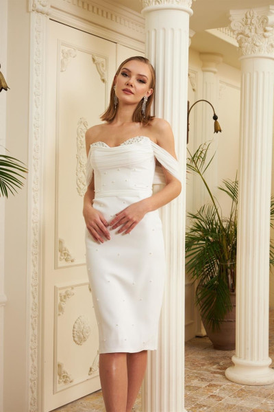 Ecru crepe pearl-embellished midi prom dress TB1497