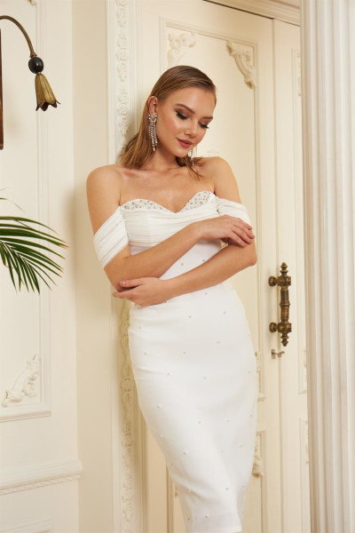 Ecru crepe pearl-embellished midi prom dress TB1497