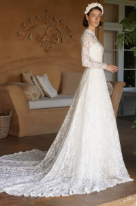 Women's ivory lace long sleeve illusion crew neck cut wedding dress TB1370