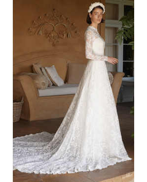 Women's ivory lace long sleeve illusion crew neck cut wedding dress TB1370