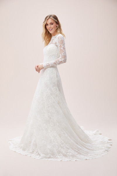Women's ivory lace long sleeve illusion crew neck cut wedding dress TB1370