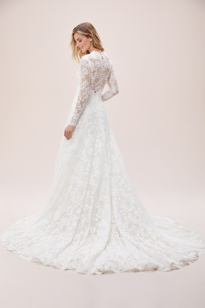 Women's ivory lace long sleeve illusion crew neck cut wedding dress TB1370