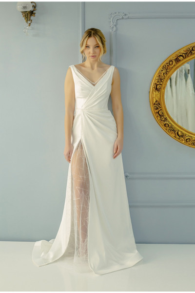 Silk satin wedding dress with leg slit TB1418