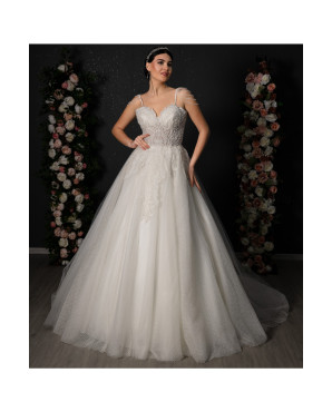 A-line polka dot tulle wedding dress with crystal straps TB1558