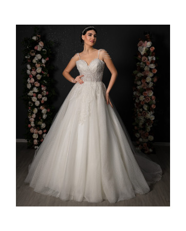 A-line polka dot tulle wedding dress with crystal straps TB1558
