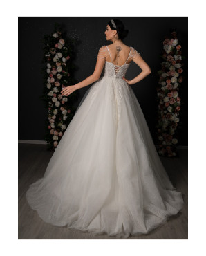 A-line polka dot tulle wedding dress with crystal straps TB1558