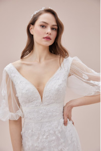 Short lace embroidered balloon sleeved wedding dress TB1435