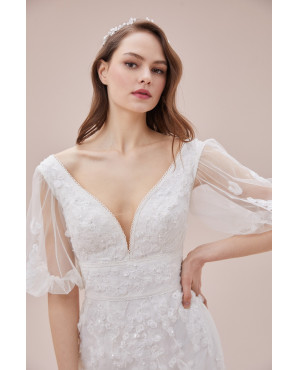 Short lace embroidered balloon sleeved wedding dress TB1435