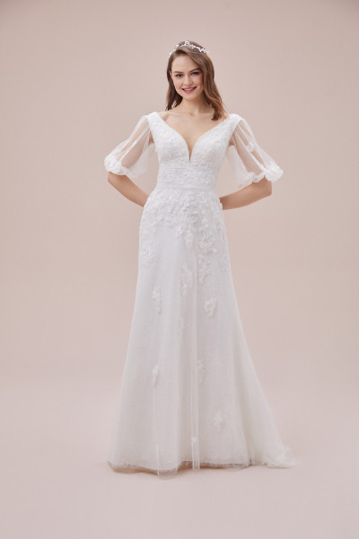Short lace embroidered balloon sleeved wedding dress TB1435
