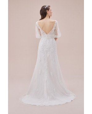 Short lace embroidered balloon sleeved wedding dress TB1435