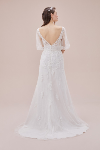 Short lace embroidered balloon sleeved wedding dress TB1435