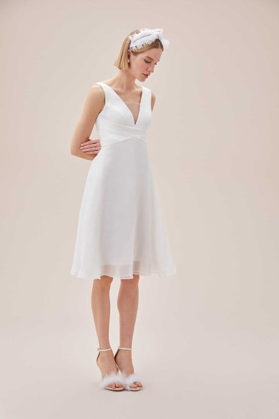 White thick strap siphon midi length wedding dress TB1387 White thick strap siphon midi length wedding dress TB1387