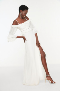 Ivory long sleeve chiffon wedding dress with details TB1537
