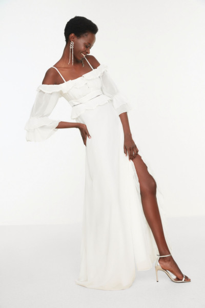Ivory long sleeve chiffon wedding dress with details TB1537 Ivory long sleeve chiffon wedding dress with details TB1537