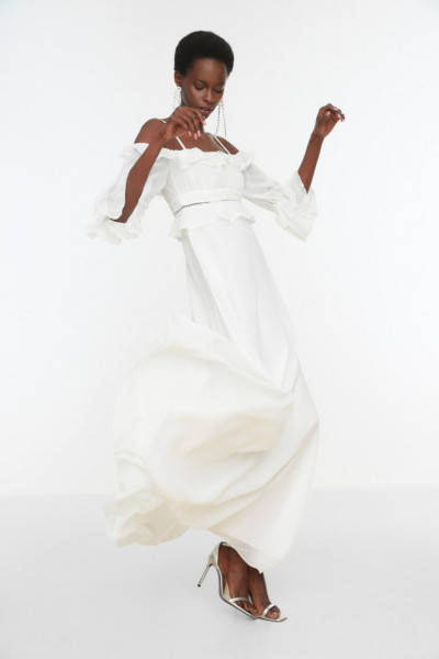 Ivory long sleeve chiffon wedding dress with details TB1537