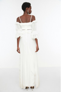 Ivory long sleeve chiffon wedding dress with details TB1537
