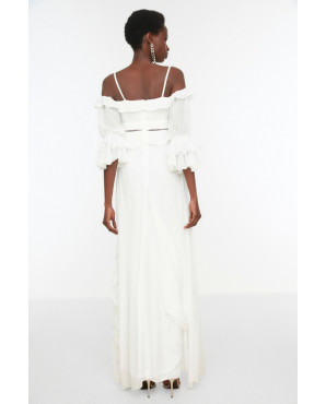 Ivory long sleeve chiffon wedding dress with details TB1537