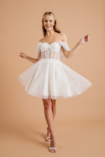 White sparkling stoned mini dress and party gown TB1525