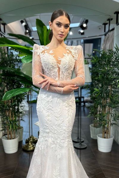 Floral lace long sleeve fish tail wedding dress TB1446 Floral lace long sleeve fish tail wedding dress TB1446