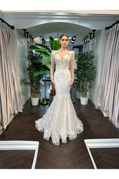 Floral lace long sleeve fish tail wedding dress TB1446