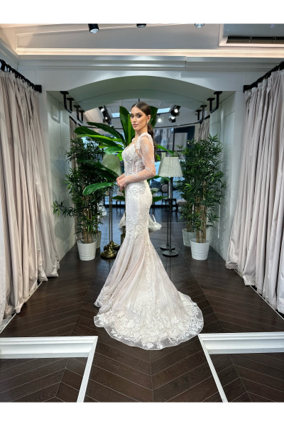 Floral lace long sleeve fish tail wedding dress TB1446