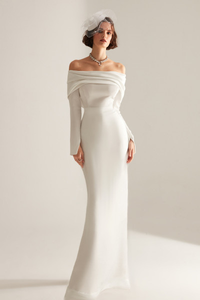Clara dress with low shoulder and fishtail skirt TB1495 Clara dress with low shoulder and fishtail skirt TB1495