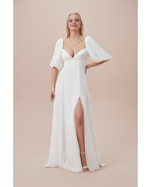 Half balloon sleeved wedding dress with low-cut chest neckline and slit TB1416