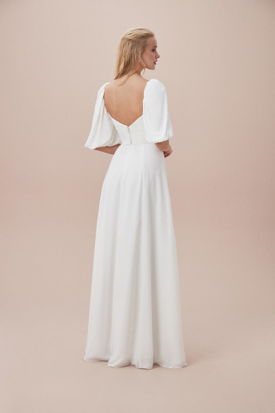 Half balloon sleeved wedding dress with low-cut chest neckline and slit TB1416