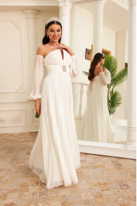 Long wedding dress with sash details in ecru chiffon, model TB1514