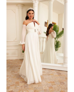 Long wedding dress with sash details in ecru chiffon, model TB1514