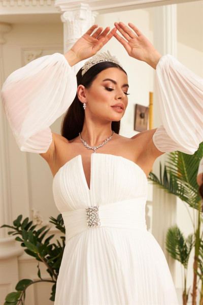Long wedding dress with sash details in ecru chiffon, model TB1514