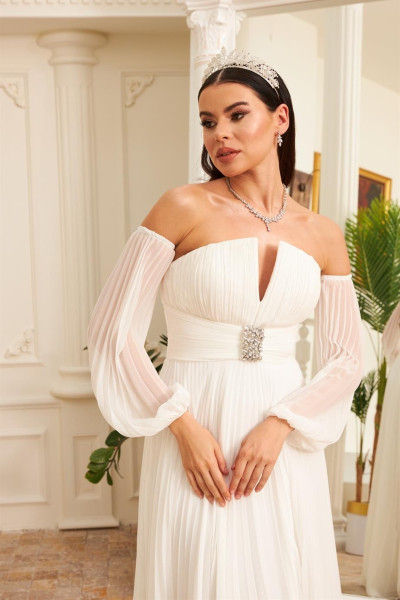 Long wedding dress with sash details in ecru chiffon, model TB1514