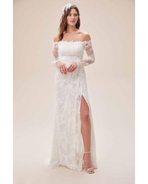 Lace embroidered low shoulder long sleeve slit slim fit wedding dress TB1382