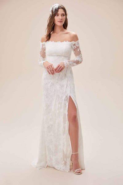 Lace embroidered low shoulder long sleeve slit slim fit wedding dress TB1382 Lace embroidered low shoulder long sleeve slit slim fit wedding dress TB1382