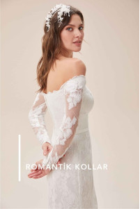 Lace embroidered low shoulder long sleeve slit slim fit wedding dress TB1382