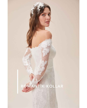 Lace embroidered low shoulder long sleeve slit slim fit wedding dress TB1382
