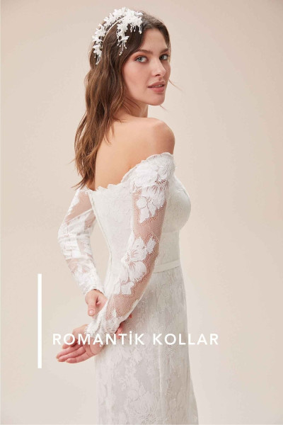 Lace embroidered low shoulder long sleeve slit slim fit wedding dress TB1382